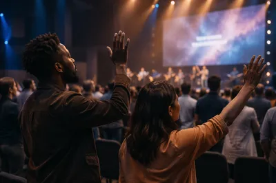 Modern Church Worship Service with Projection Screen