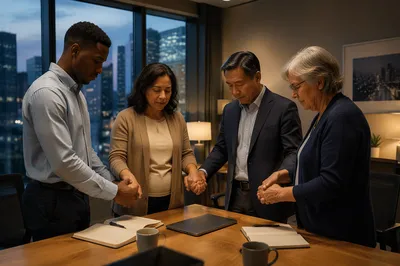 Intergenerational Group Praying in Office Conference Room