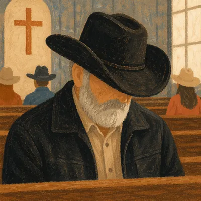 Rural Cowboy Worshipper in Country Church