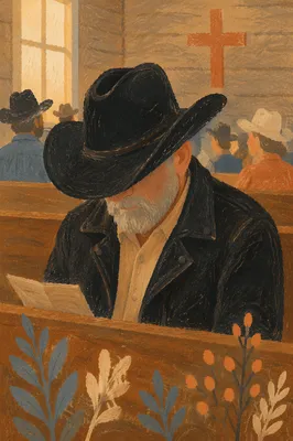 Rural Cowboy Worshipper in Country Church