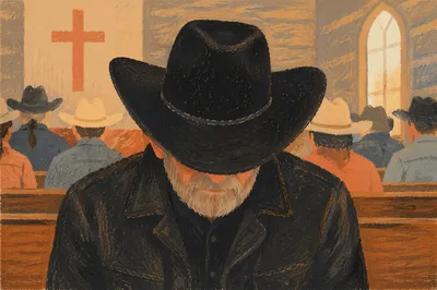 Rural Cowboy Worshipper in Country Church