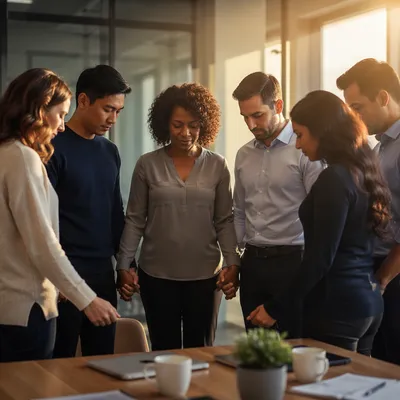 Coworkers Praying in Sunlit Office Circle