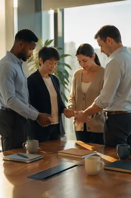 Coworkers Praying Together in Office Morning