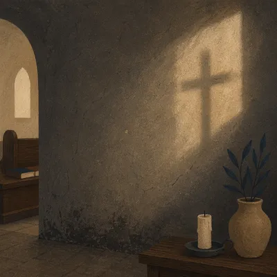 Subtle Cross Shadow on Dark Chapel Wall
