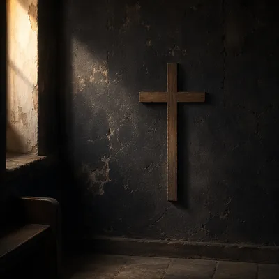 Subtle Wooden Cross on Dark Plaster Wall