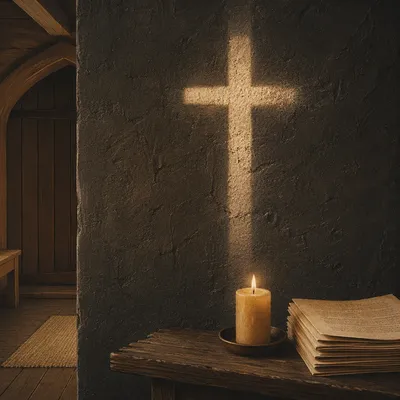 Subtle Morning Cross on Dark Chapel Wall