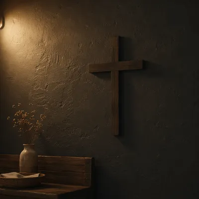Subtle Wooden Cross on Dark Textured Wall