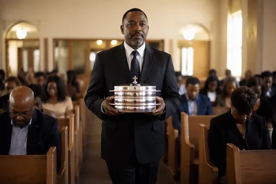 Deacon Carrying Communion Trays in Church Aisle