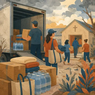 Volunteers Loading Disaster Relief Supplies at Church