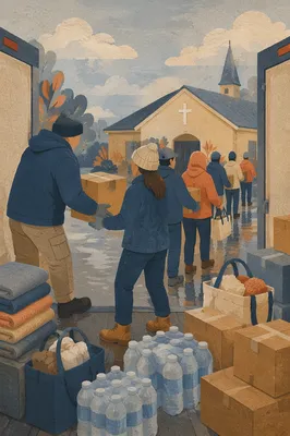 Volunteers Loading Disaster Relief Supplies at Church