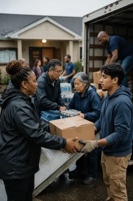 Volunteers Loading Relief Supplies Outside Church