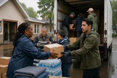 Volunteers Loading Relief Supplies Outside Church