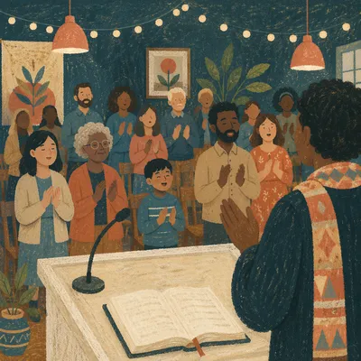 Diverse Congregation Worshiping in Warm Church Hall