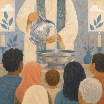 Reverent Baptism Water Before Diverse Congregation