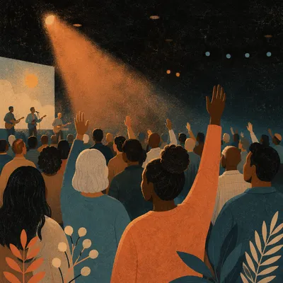 Diverse Congregation Worshiping in Warm Auditorium Light