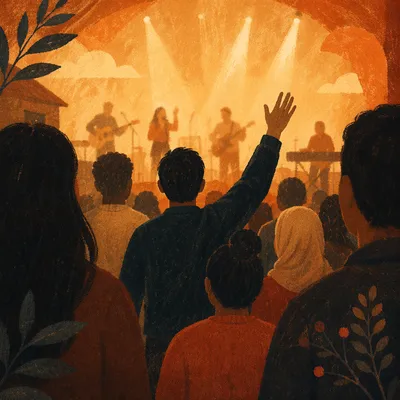 Diverse Congregation Worshipping in Warm Church Light