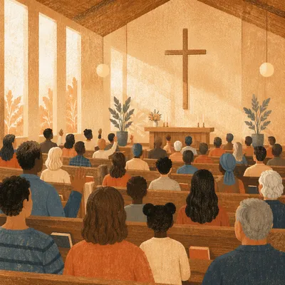 Diverse Congregation Worshiping in Warm Chapel