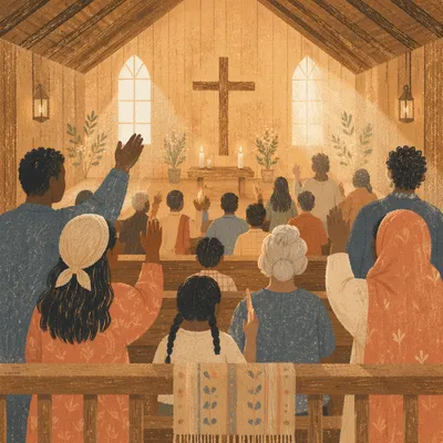 Diverse Congregation Worshiping in Sunlit Chapel