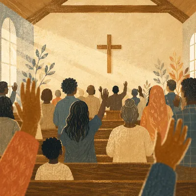 Diverse Congregation Worshiping in Sunlit Sanctuary