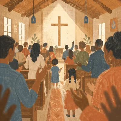 Diverse Congregation Worshiping in Wooden Chapel