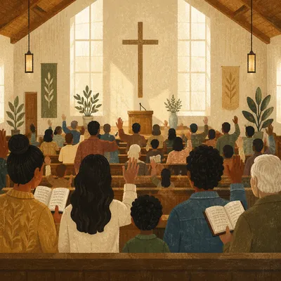 Diverse Congregation Worshiping in Sunlit Sanctuary