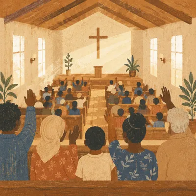 Diverse Congregation Worshiping in Sunlit Chapel