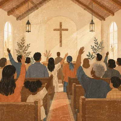 Diverse Congregation Worshiping in Sunlit Chapel