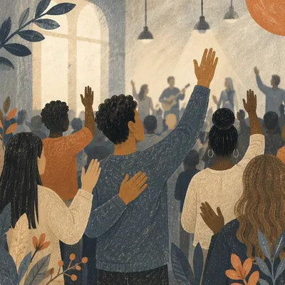 Diverse Congregation Worshiping in Modern Church