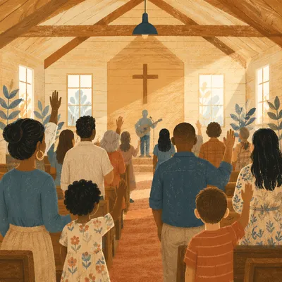 Diverse Congregation Worshiping in Sunlit Sanctuary