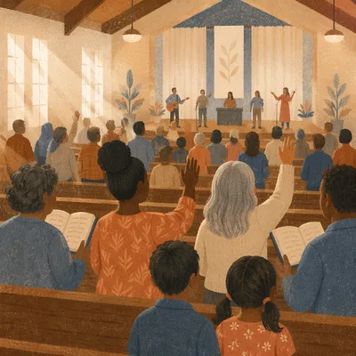 Diverse Congregation Worshiping in Morning Light