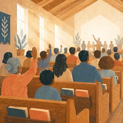 Diverse Congregation Worshiping in Wooden Sanctuary