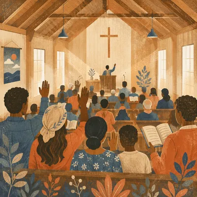 Diverse Congregation Worshiping in Sunlit Chapel