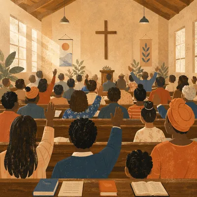 Diverse Congregation Worshiping in Sunlit Chapel