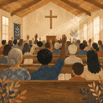 Diverse Congregation Worshiping in Wooden Chapel
