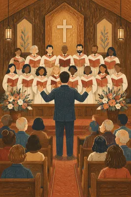 Diverse Congregation Worship in Wooden Sanctuary