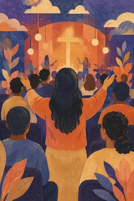 Diverse Congregation Worshiping in Warm Church Light