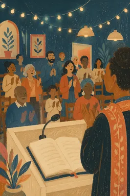 Diverse Congregation Worshiping in Warm Community Hall