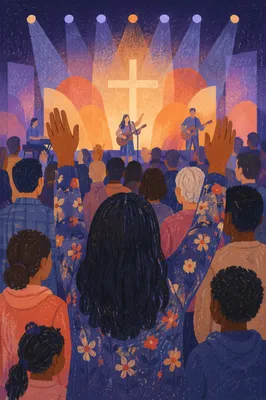 Diverse Congregation Worshiping Under Cross Lights