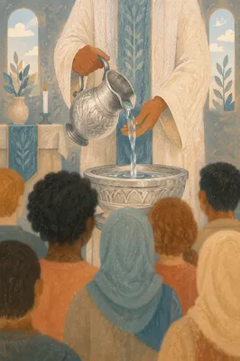 Diverse Congregation During Reverent Water Ceremony