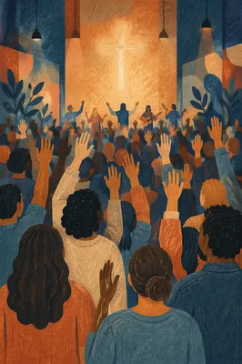 Diverse Congregation Worshiping Before Glowing Cross