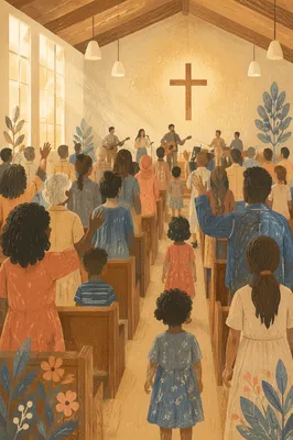 Diverse Congregation Worshiping in Morning Light