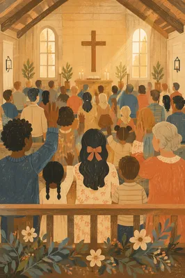 Diverse Congregation Worshiping in Sunlit Chapel
