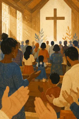 Diverse Congregation Worshiping in Wooden Chapel