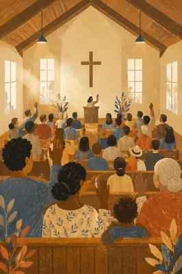 Diverse Congregation Worshiping in Sunlit Chapel