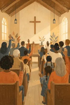 Diverse Congregation Worshiping in Sunlit Chapel