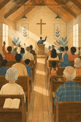 Diverse Congregation Worshiping in Wooden Chapel