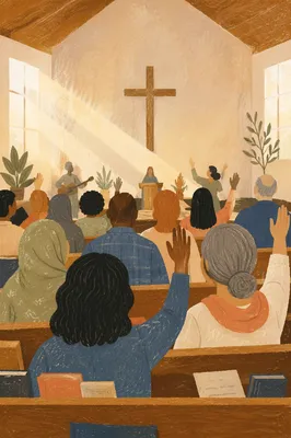 Diverse Congregation Worshiping in Warm Chapel Light