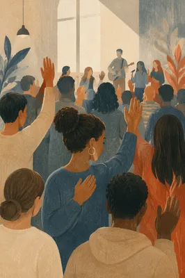Diverse Congregation Worshiping in Modern Church Hall