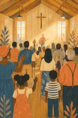 Diverse Congregation Worshiping in Sunlit Sanctuary