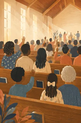 Diverse Congregation Worshiping in Warm Wooden Sanctuary